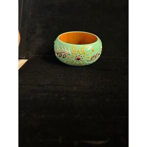 Hand Painted Wooden Bangle Bracelet Mint Turquoise Orange Floral Boho Folk Art